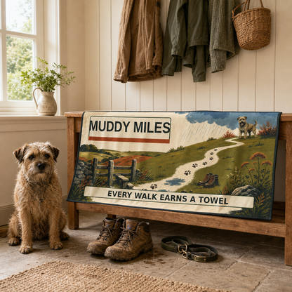 Muddy Miles dog towel in a bright British boot room after a muddy walk