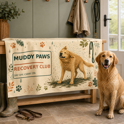 Muddy Paws Recovery Club dog towel in a warm utility room after a wet walk