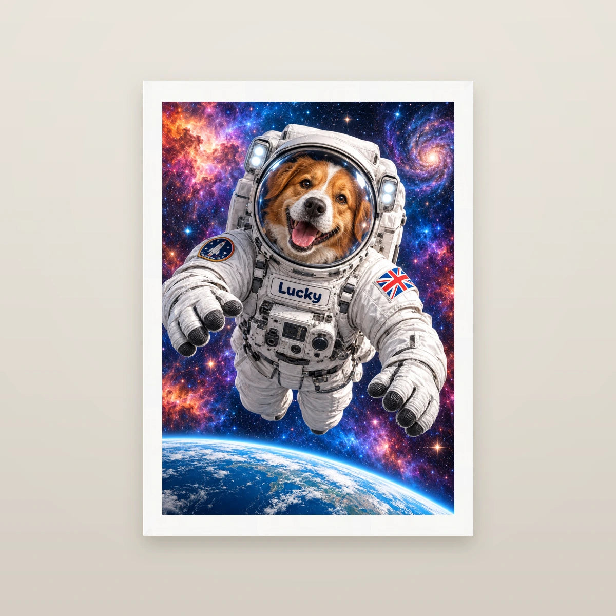 Personalised Astronaut Dog - Framed Print - Cream - White wood frame
