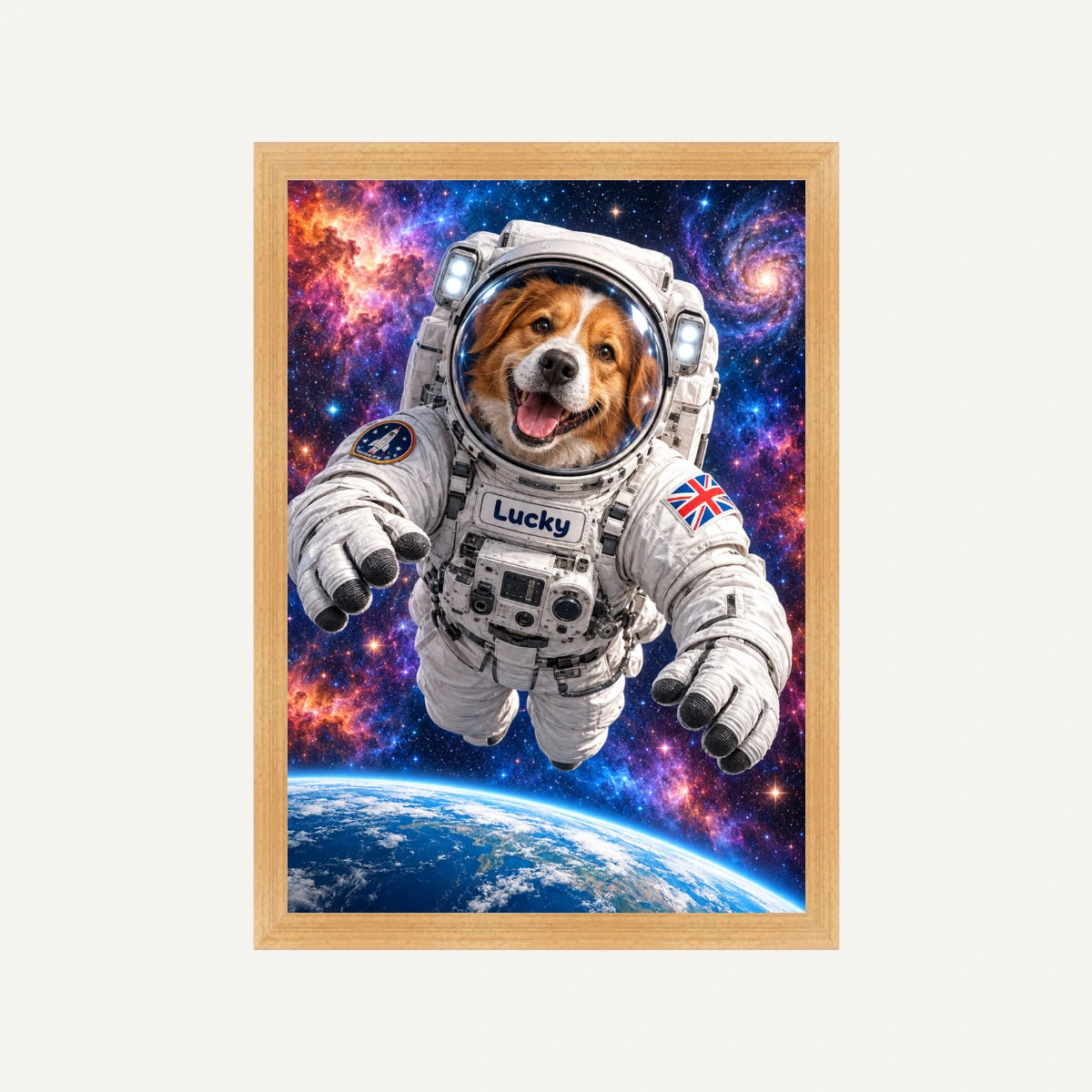 Personalised Astronaut Dog - Framed Print - Cream - Natural wood frame