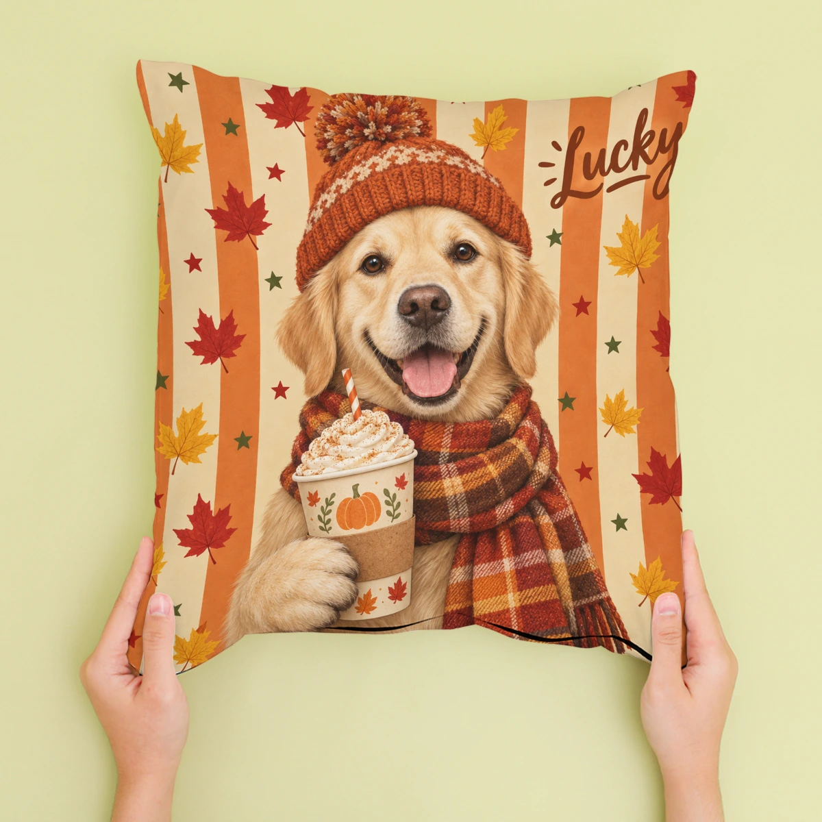Personalised Autumn Accessories Dog Cushion - Cream - Sofa lifestyle