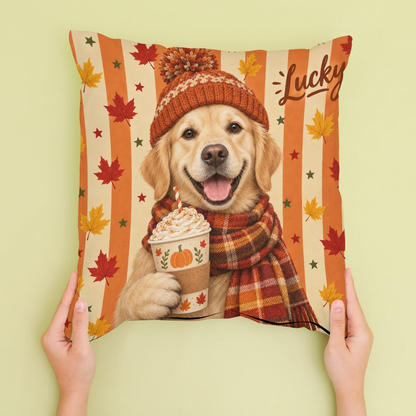 Personalised Autumn Accessories Dog Cushion - Cream - Sofa lifestyle
