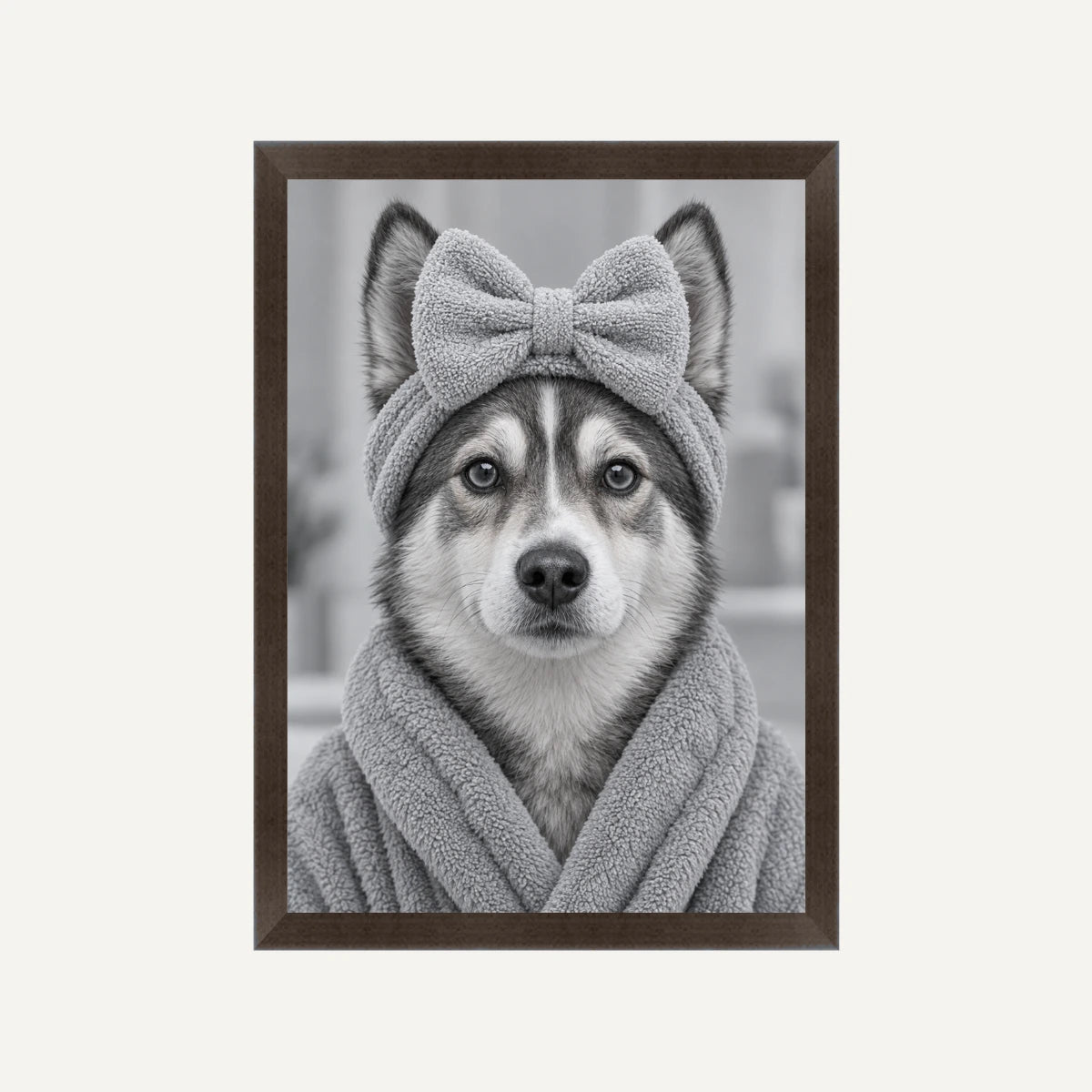 Personalised Bathroom 2 Dog - Framed Print - Cream - Black wood frame