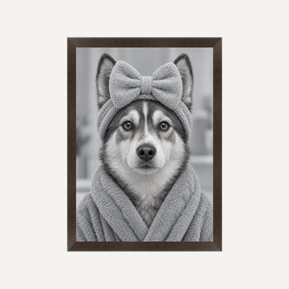 Personalised Bathroom 2 Dog - Framed Print - Cream - Black wood frame