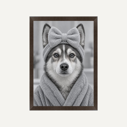 Personalised Bathroom 2 Dog - Framed Print - Cream - Black wood frame