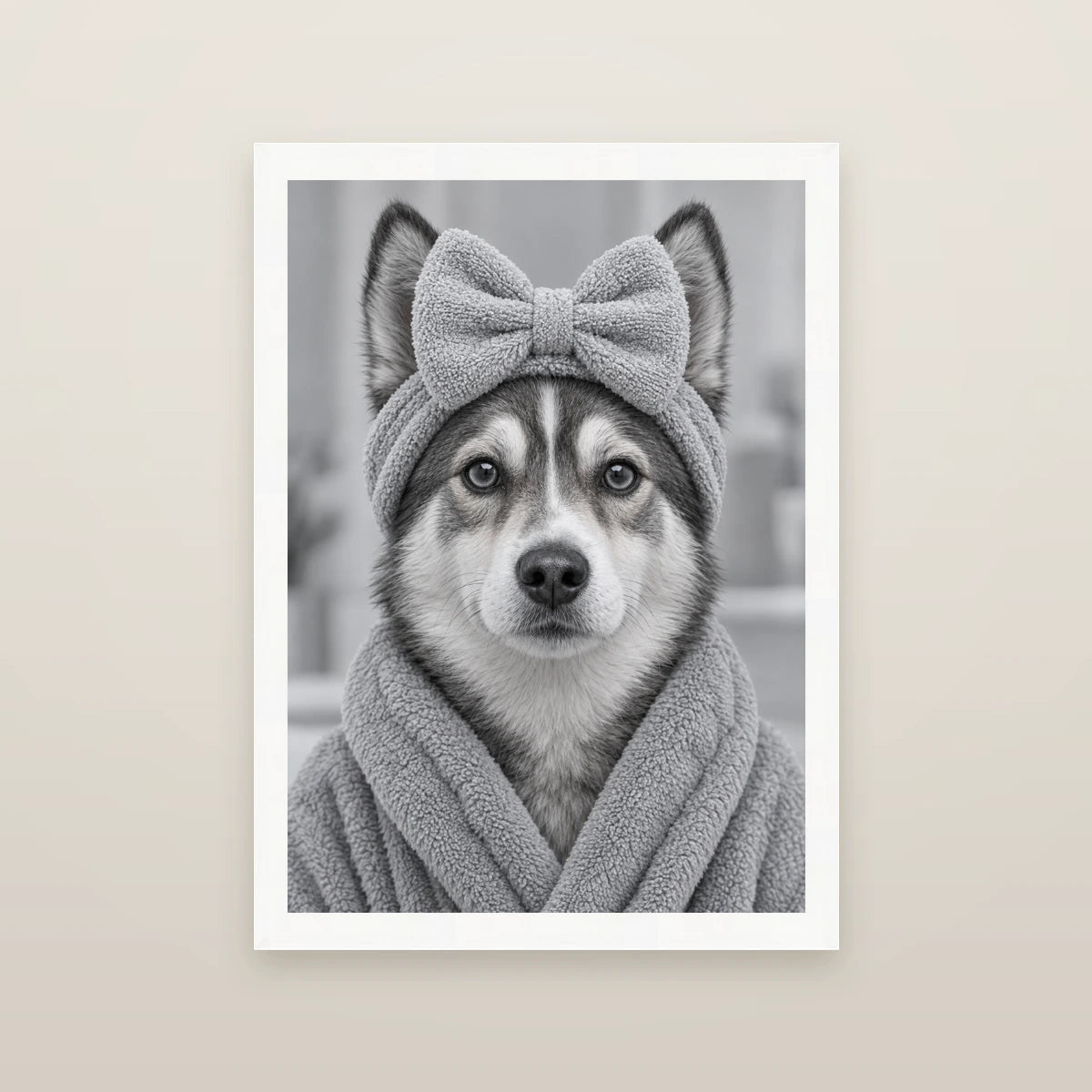 Personalised Bathroom 2 Dog - Framed Print - Cream - White wood frame
