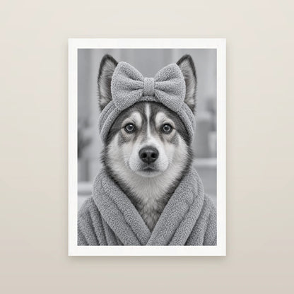Personalised Bathroom 2 Dog - Framed Print - Cream - White wood frame