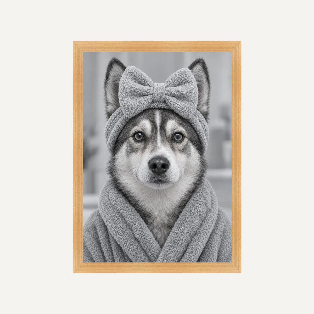 Personalised Bathroom 2 Dog - Framed Print - Cream - Natural wood frame