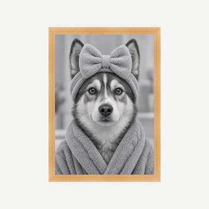 Personalised Bathroom 2 Dog - Framed Print - Cream - Natural wood frame
