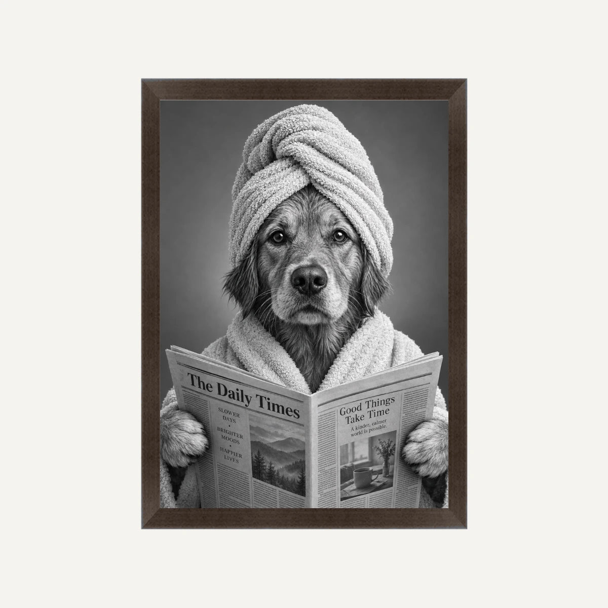 Personalised Bathroom Dog - Framed Print - Cream - Black wood frame
