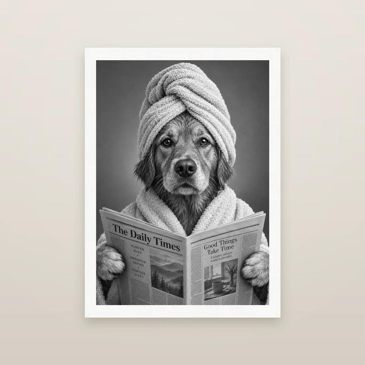 Personalised Bathroom Dog - Framed Print - Cream - White wood frame