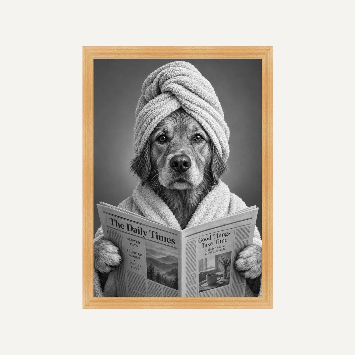 Personalised Bathroom Dog - Framed Print - Cream - Natural wood frame