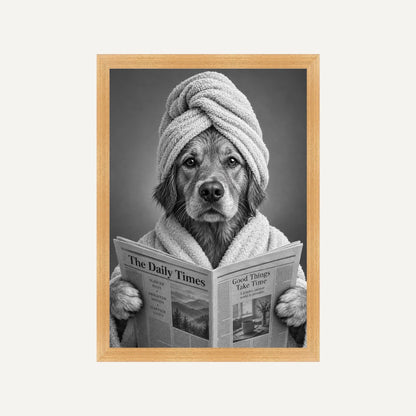 Personalised Bathroom Dog - Framed Print - Cream - Natural wood frame