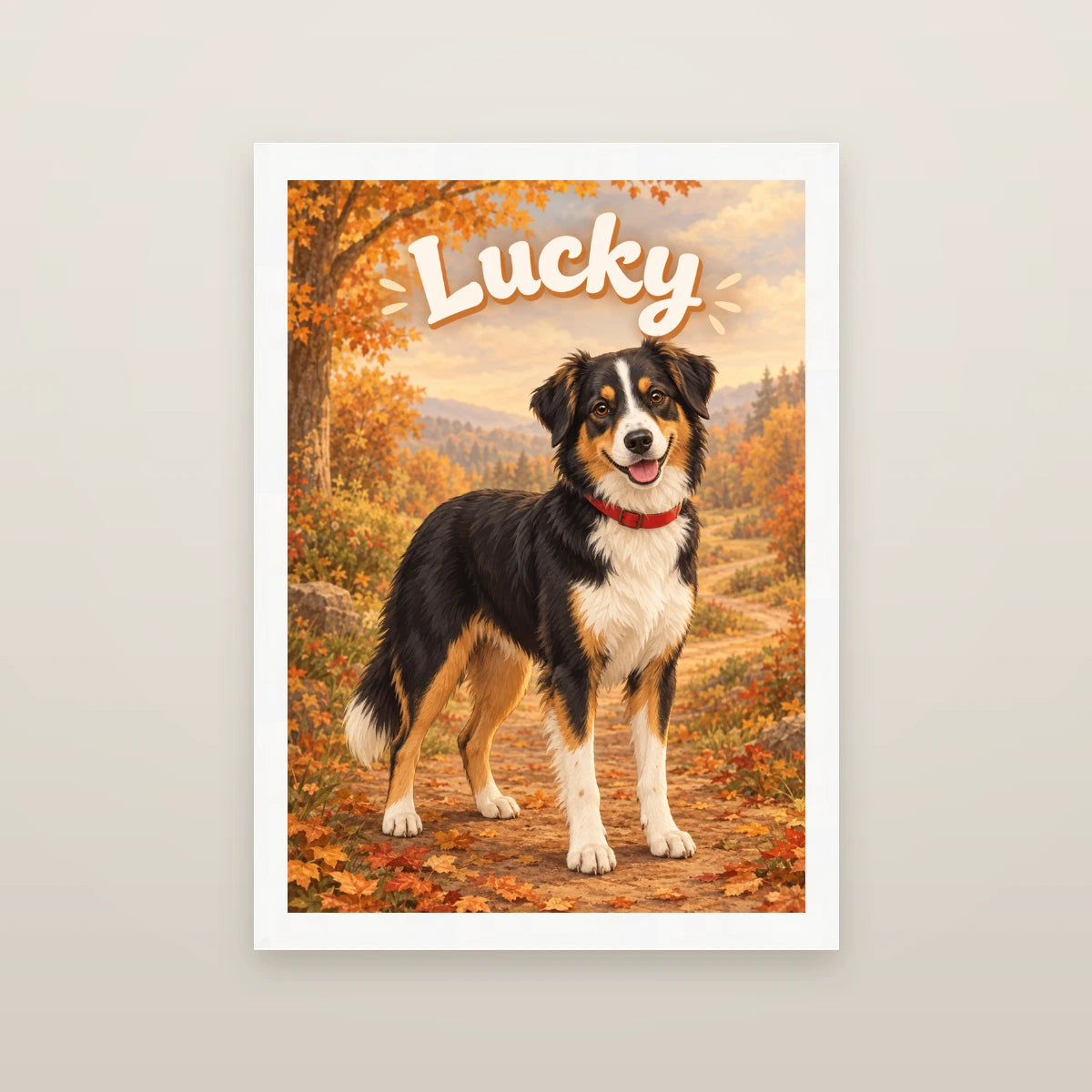 Personalised Classic Cartoon Dog - Framed Print - Cream - White wood frame