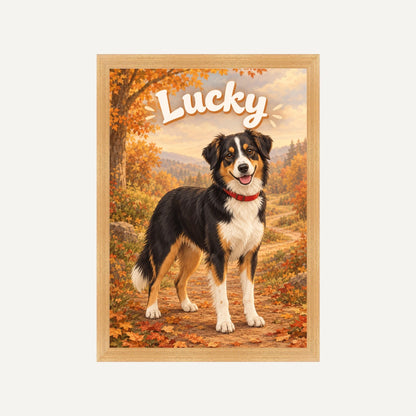 Personalised Classic Cartoon Dog - Framed Print - Cream - Natural wood frame