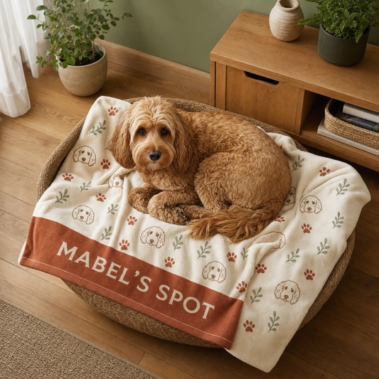 Personalised dog blanket with a dog's name in a cosy dog bed