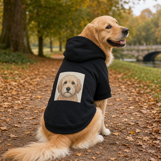 Golden retriever wearing a personalised dog hoodie with an image print
