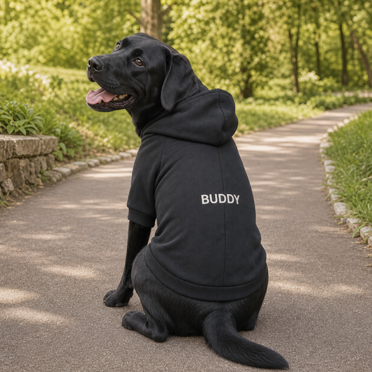 Black Labrador wearing a personalised dog hoodie with the name Buddy