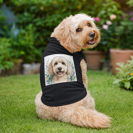 Cockapoo wearing a personalised dog T shirt with an image print