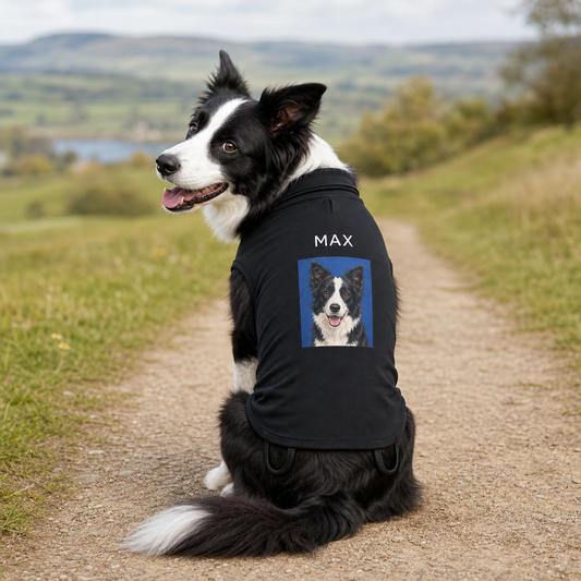 Border collie wearing a personalised dog T shirt with text and an image