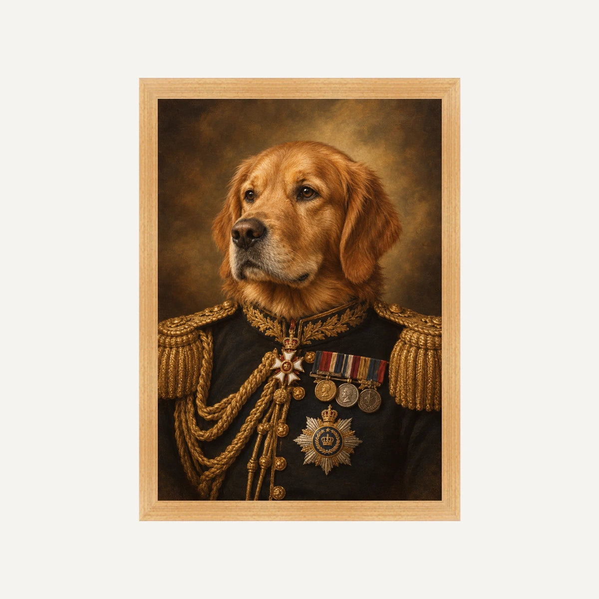 Personalised Dog The General - Framed Print - Cream - Natural wood frame