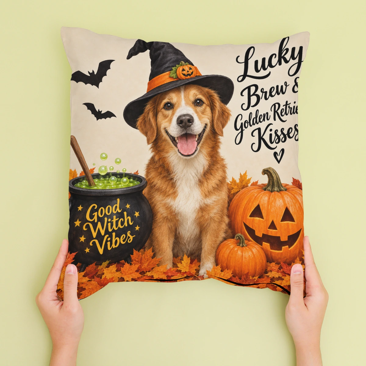 Personalised Good Witch Vibes Dog Cushion - Cream - Sofa lifestyle