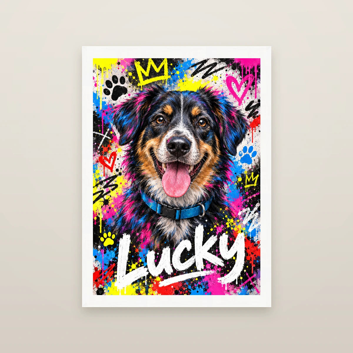 Personalised Graffiti Dog - Framed Print - Cream - White wood frame