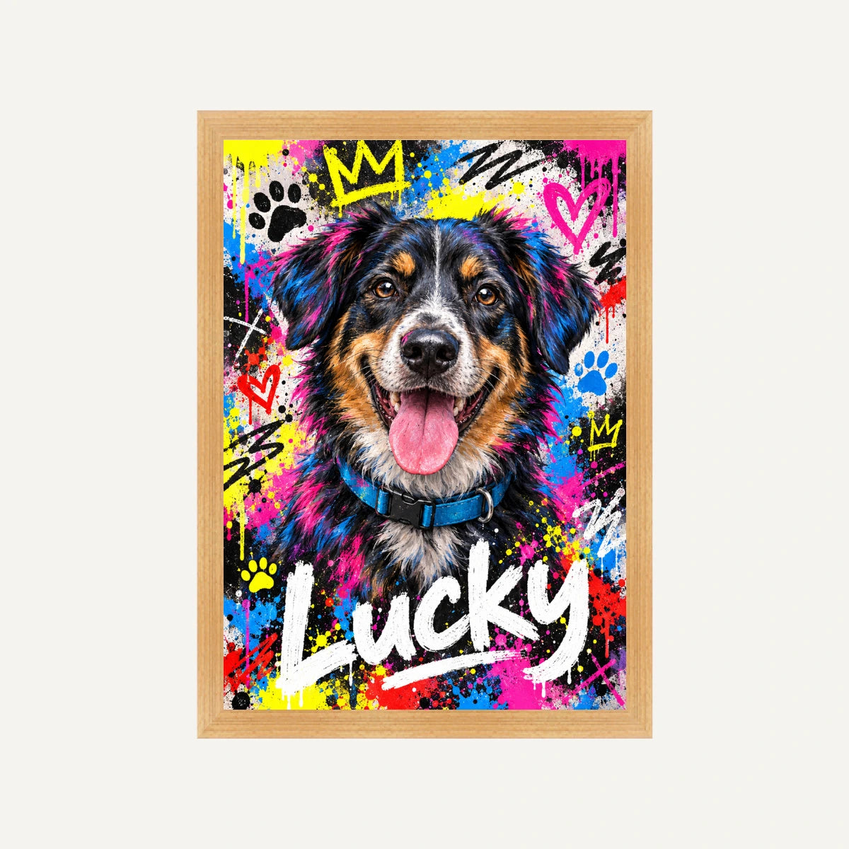 Personalised Graffiti Dog - Framed Print - Cream - Natural wood frame