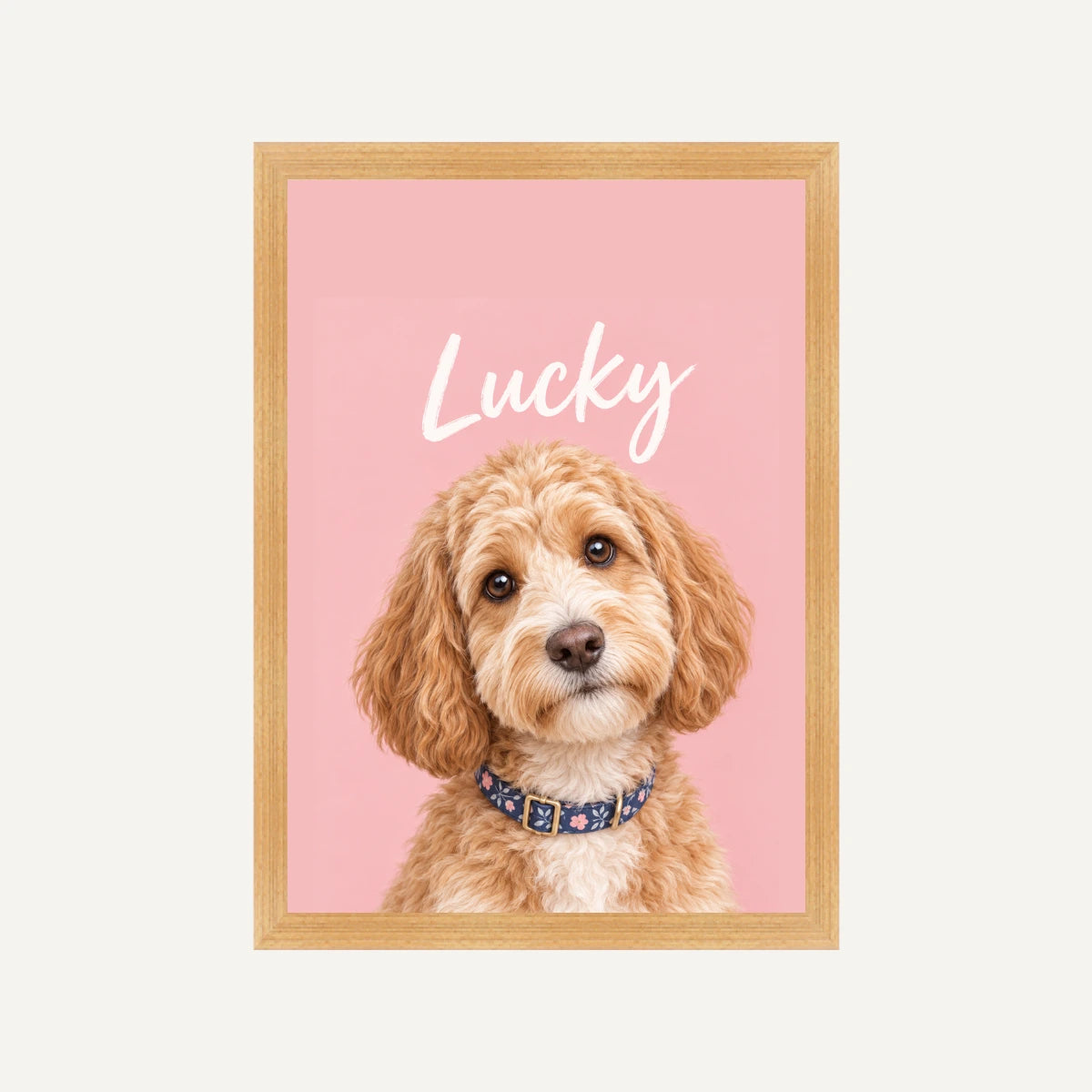 Personalised Minimalist Dog - Framed Print - Cream - Natural wood frame