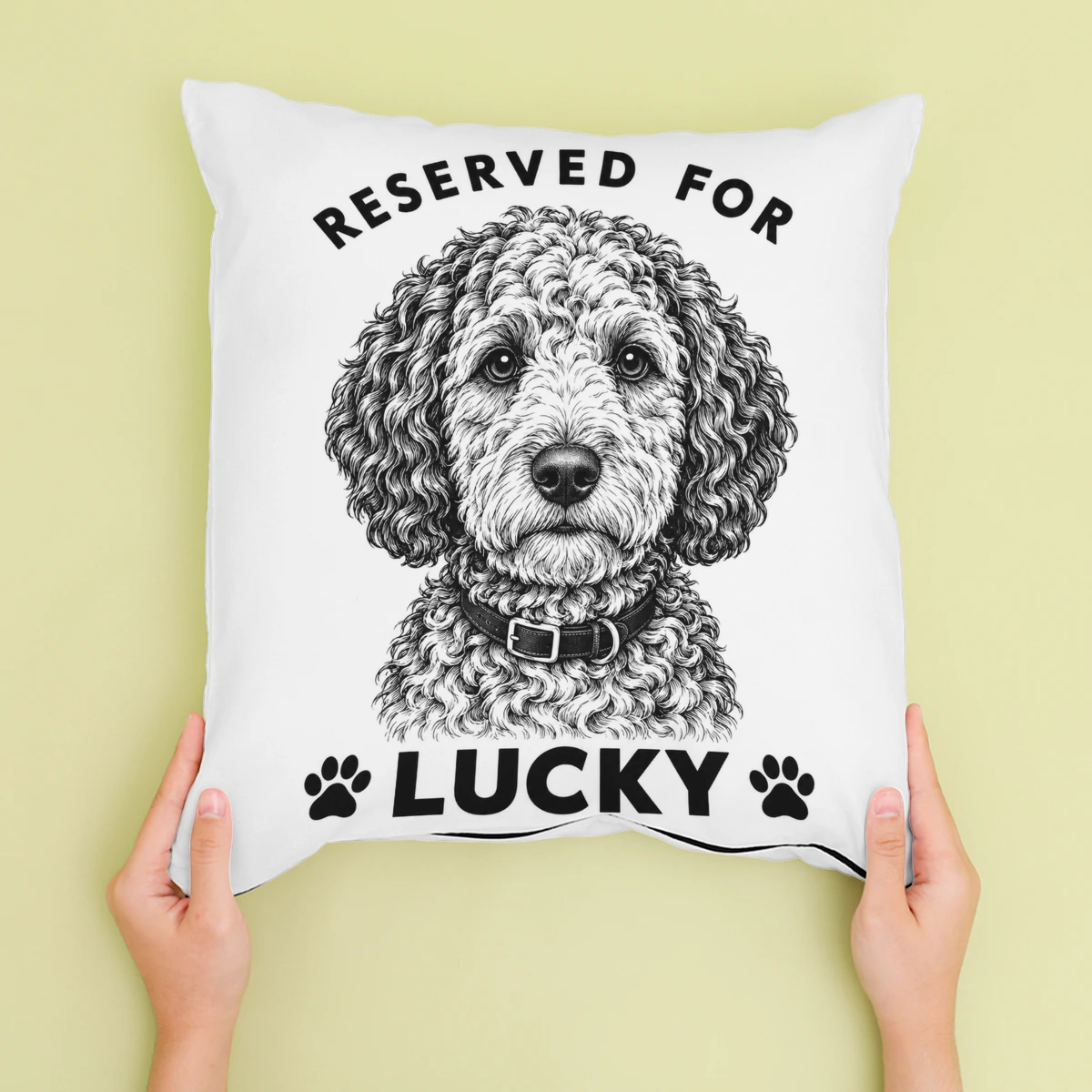 Personalised Reserved For Line Drawing Dog Cushion - Cream - Sofa lifestyle
