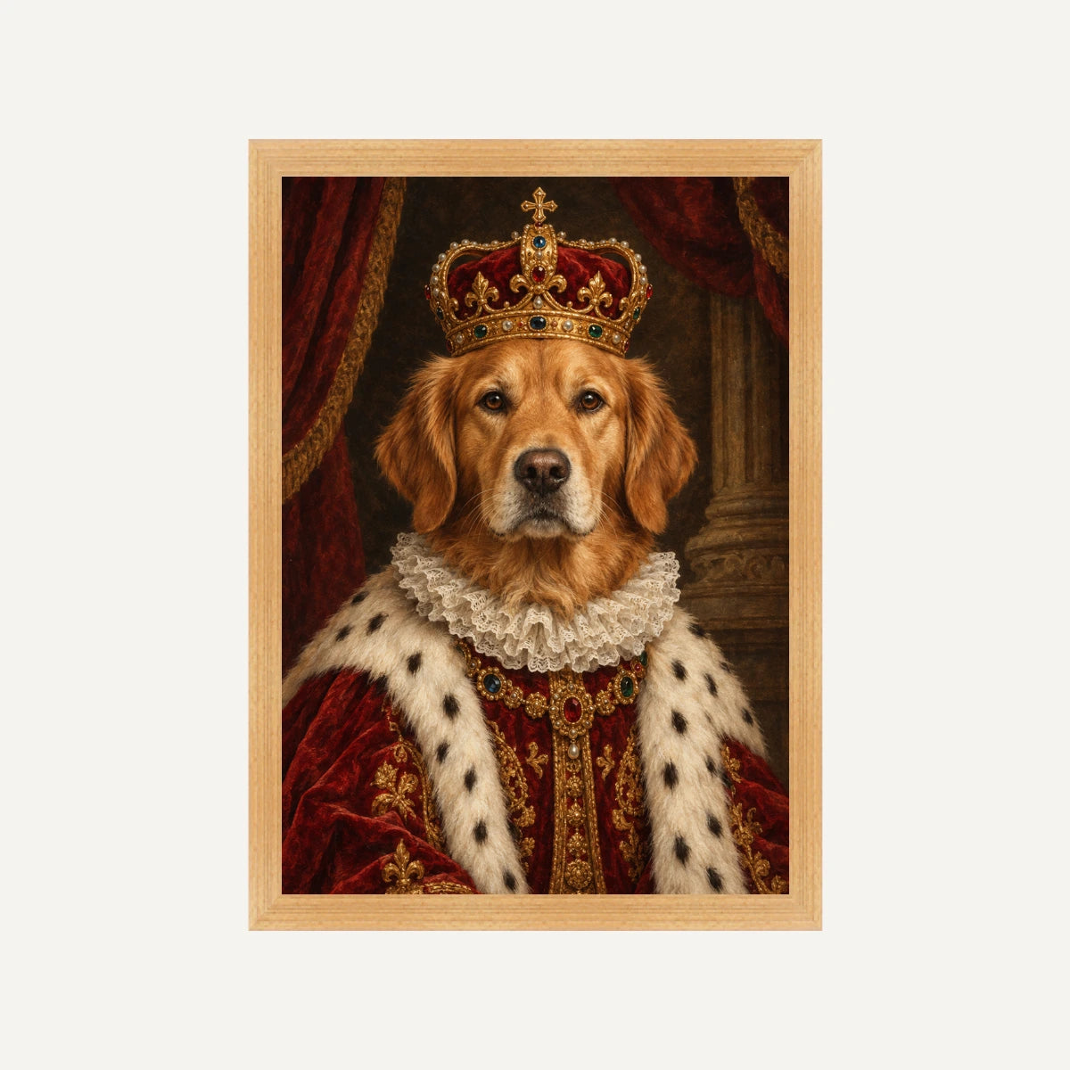 Personalised The King Dog - Framed Print - Cream - Natural wood frame