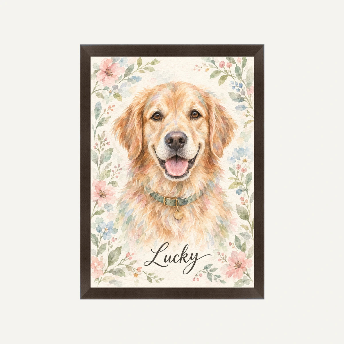 Personalised Wartercolour Flower Dog - Framed Print - Cream - Black wood frame