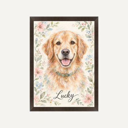 Personalised Wartercolour Flower Dog - Framed Print - Cream - Black wood frame