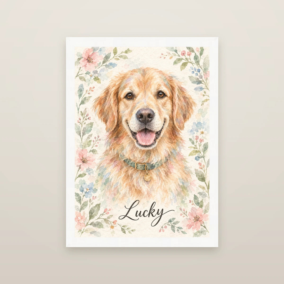 Personalised Wartercolour Flower Dog - Framed Print - Cream - White wood frame