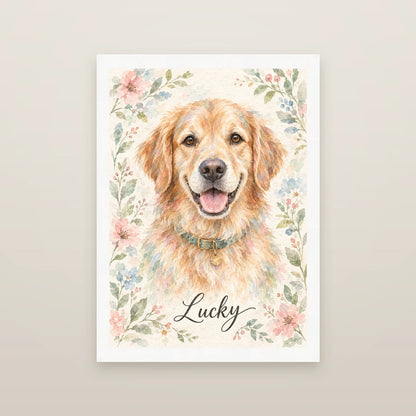 Personalised Wartercolour Flower Dog - Framed Print - Cream - White wood frame