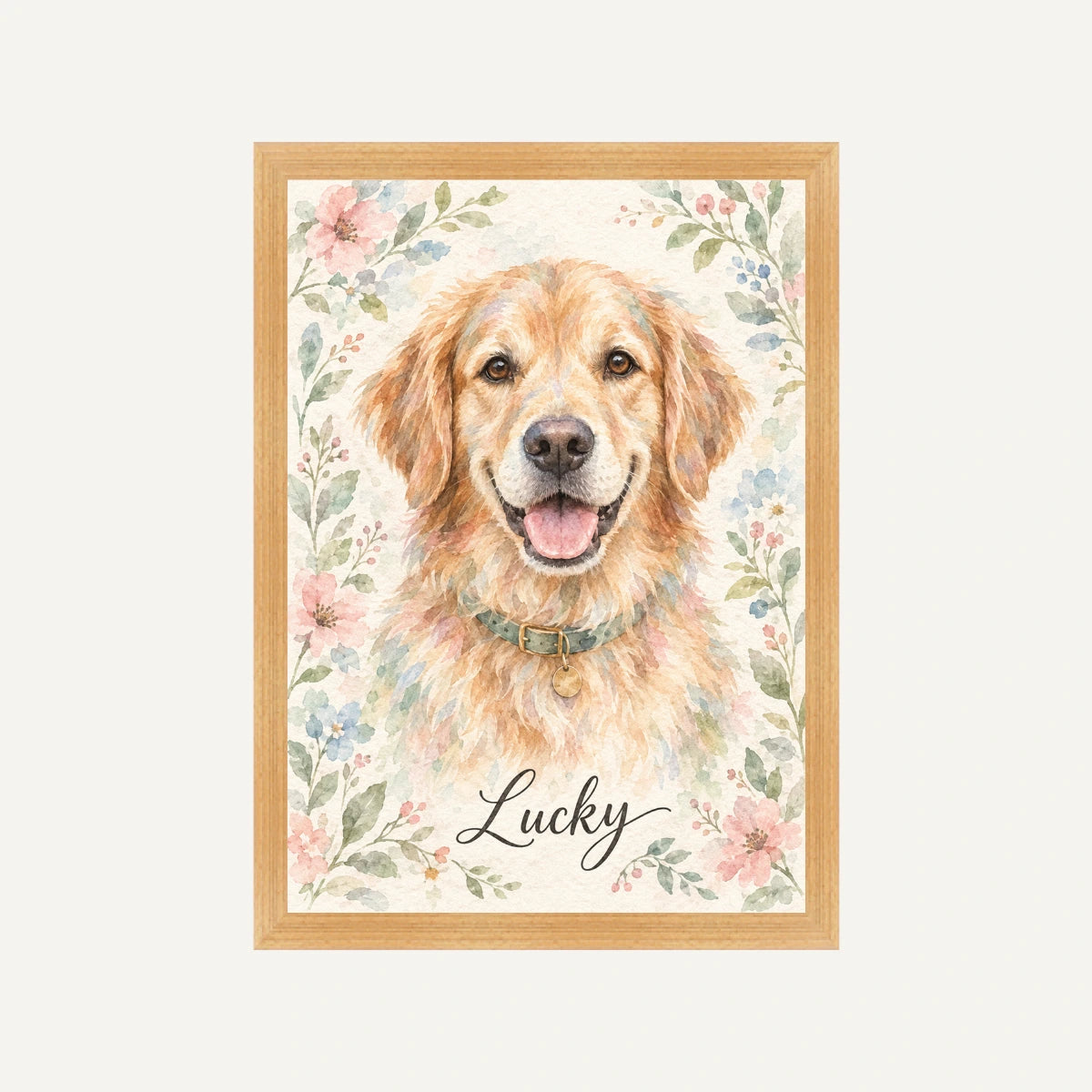 Personalised Wartercolour Flower Dog - Framed Print - Cream - Natural wood frame