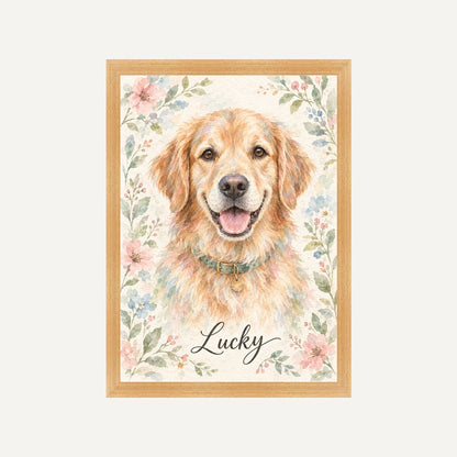 Personalised Wartercolour Flower Dog - Framed Print - Cream - Natural wood frame