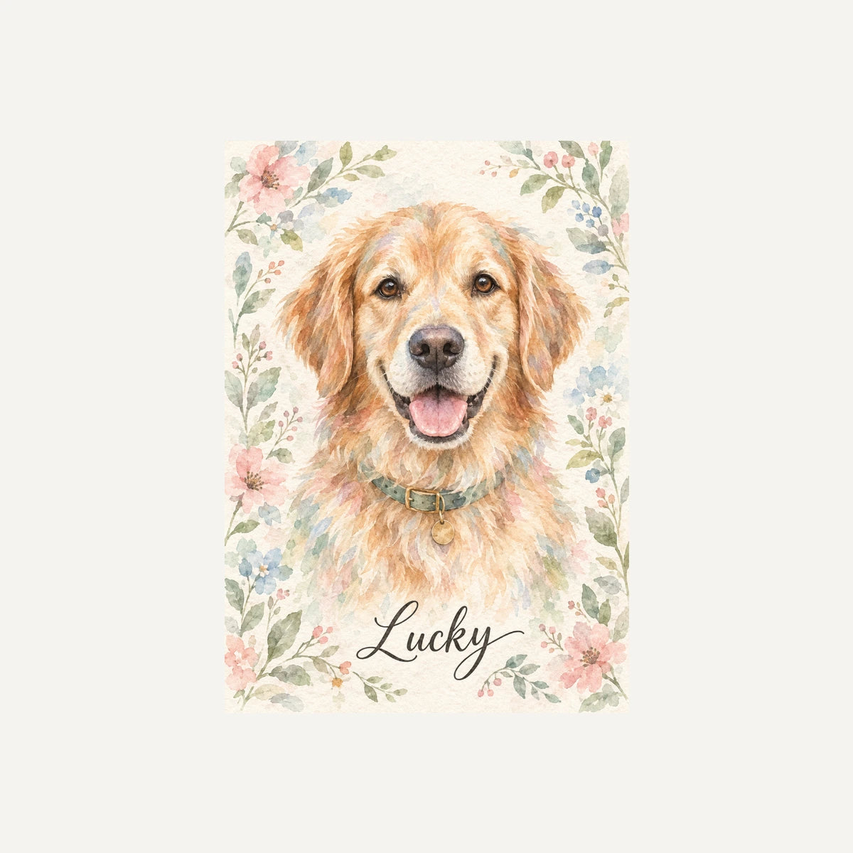 Personalised Wartercolour Flower Dog - Framed Print - Cream - Unframed print