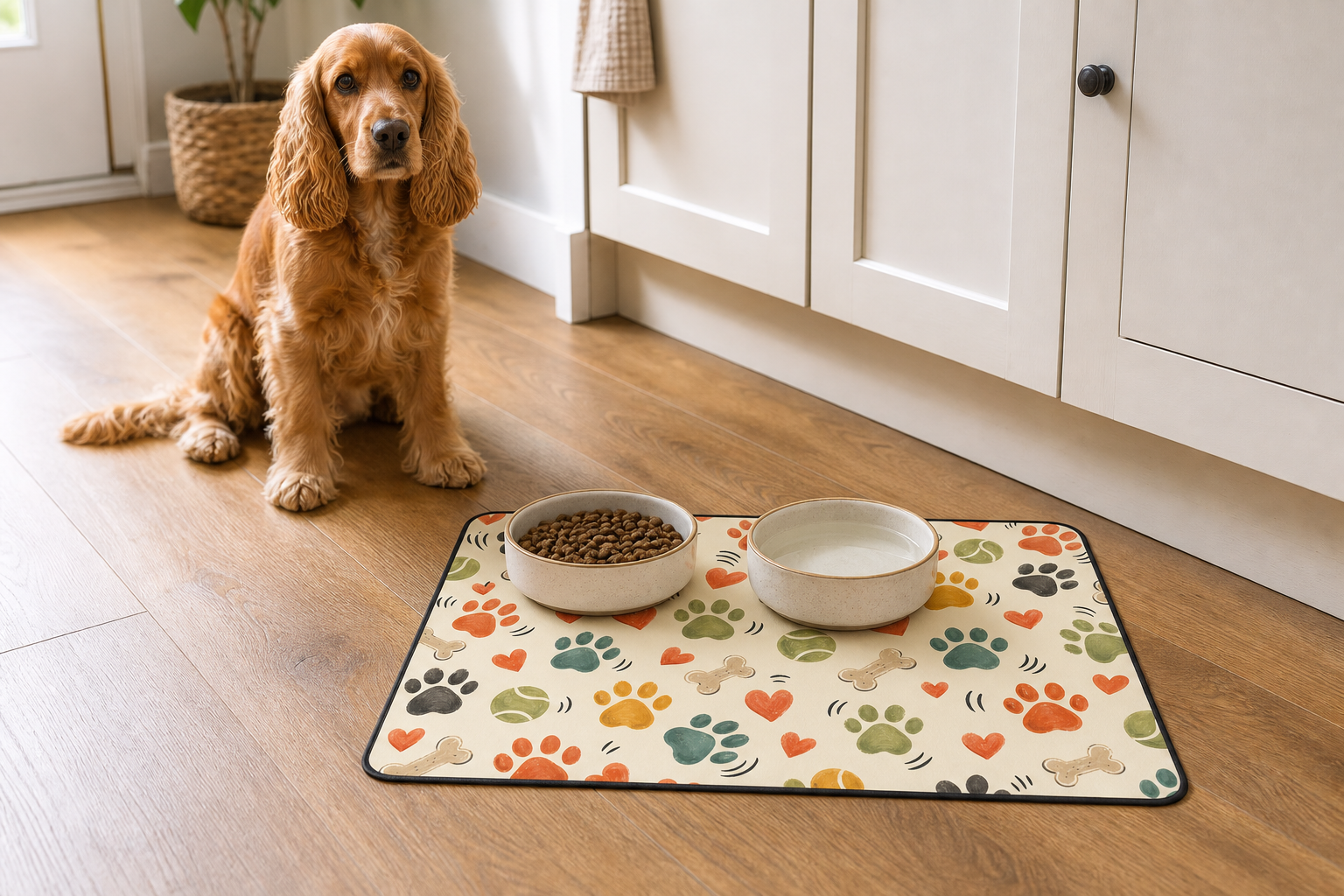 Compact 60 x 40 cm Playful Paws dog food mat with two bowls