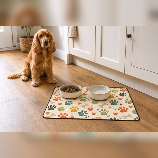 Playful Paws 60 x 40 cm dog food mat with two bowls and a cocker spaniel