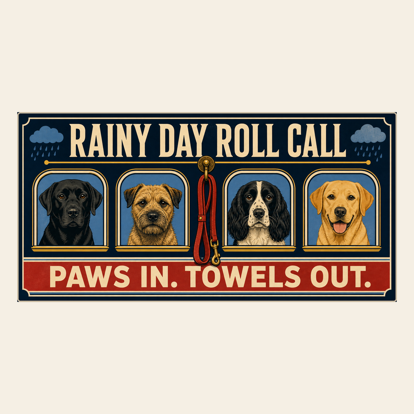 Rainy Day Roll Call dog towel exact artwork on a square canvas