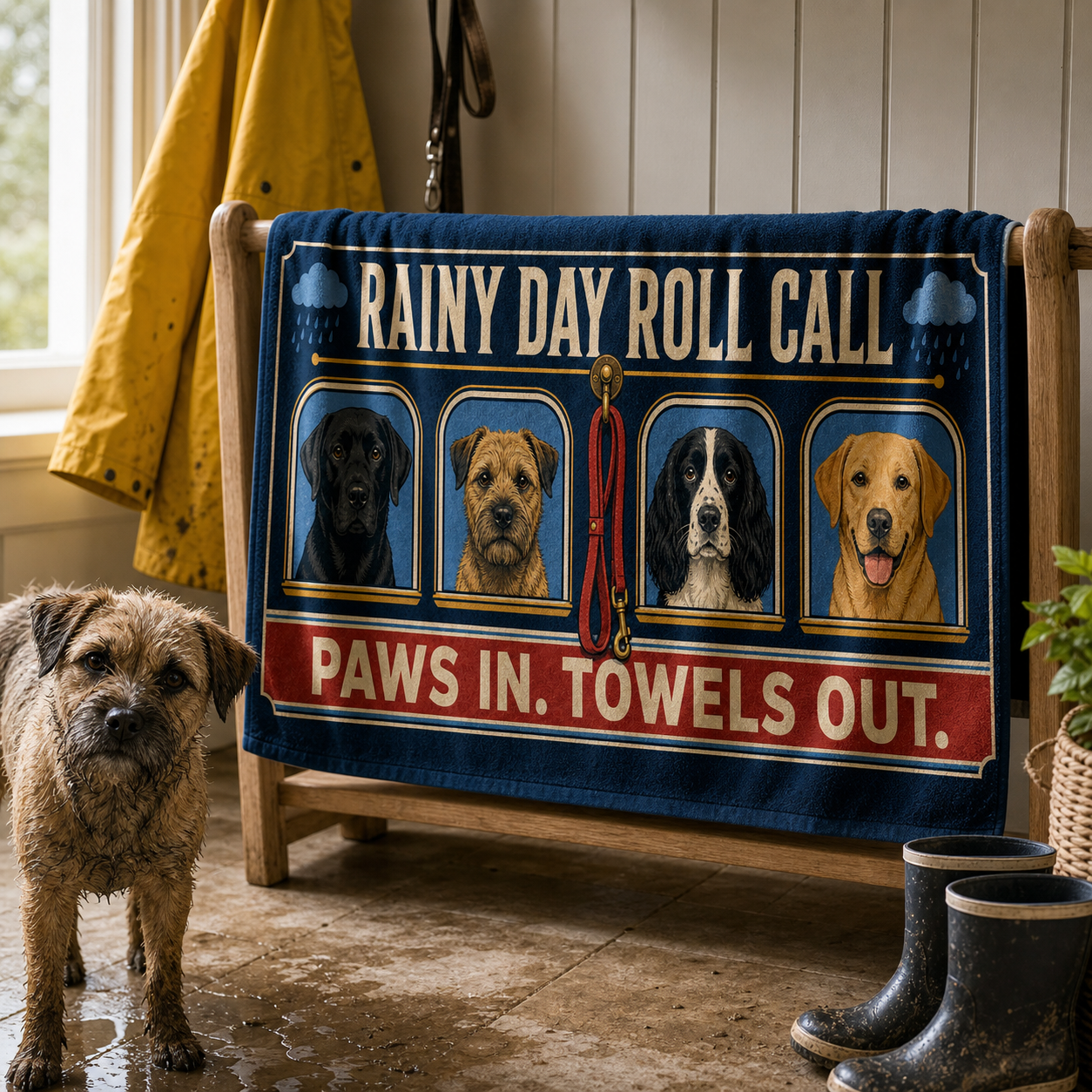 Rainy Day Roll Call dog towel in a bright British utility room after a wet walk