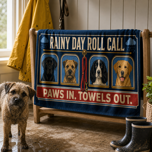 Rainy Day Roll Call dog towel in a bright British utility room after a wet walk