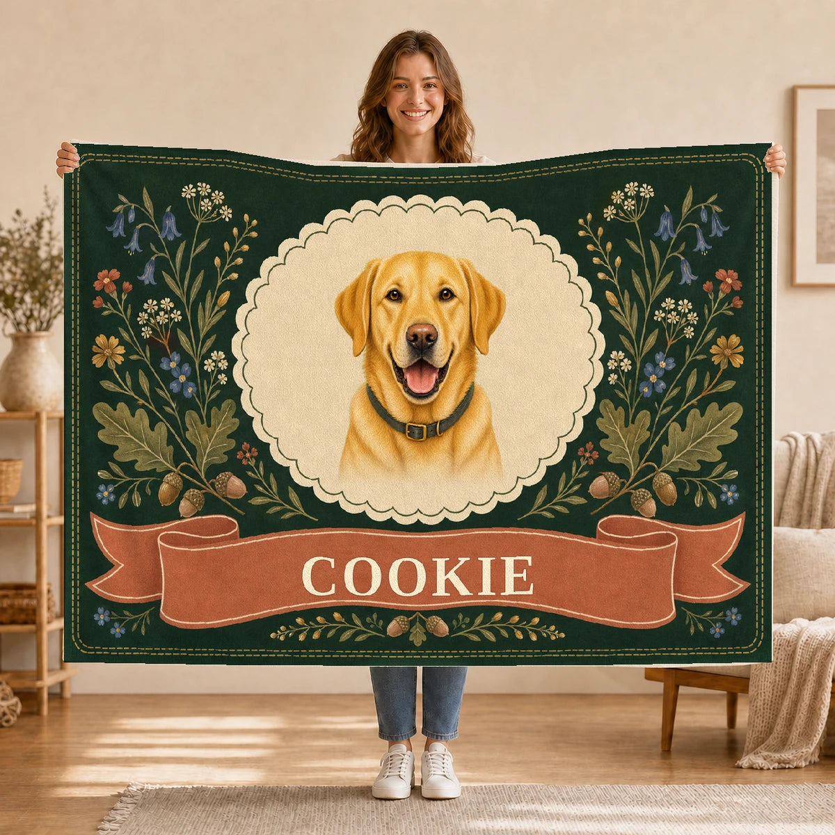 Cookie’s personalised Good Dog Garden blanket being held