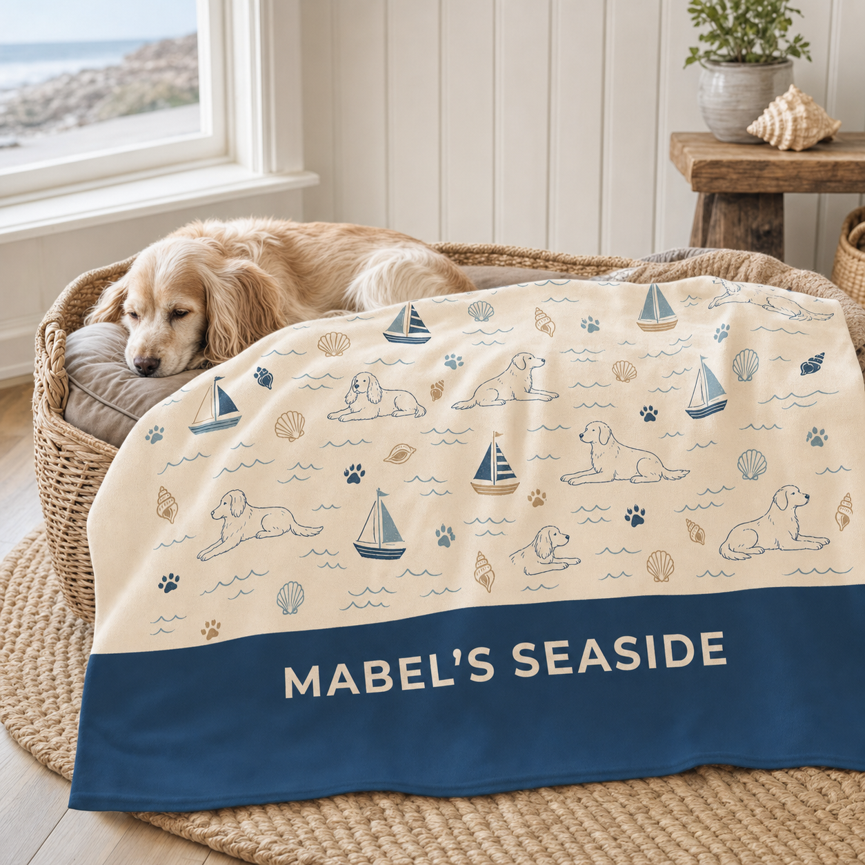 Personalised Seaside Snoozer dog blanket in a coastal dog bed