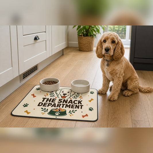 The Snack Department 60 x 40 cm dog food mat with two bowls and a cocker spaniel