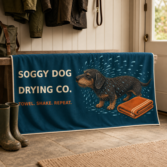 Soggy Dog Drying Co dog towel in a British utility room after a wet walk