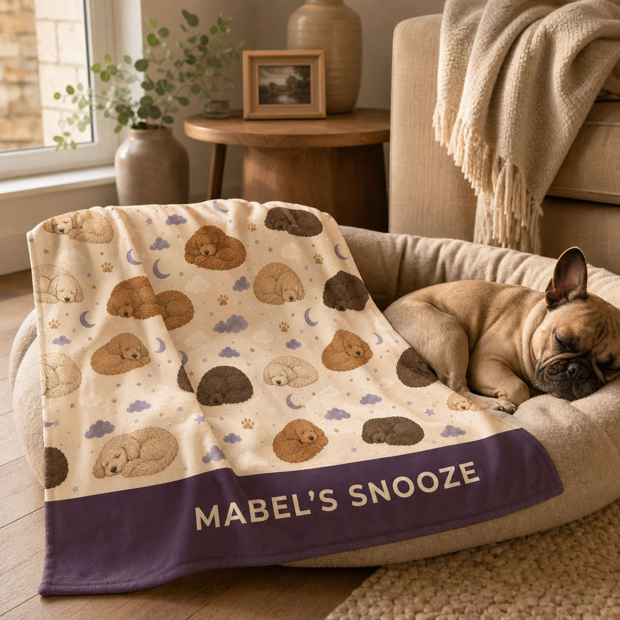 Personalised Sunday Snooze Club dog blanket in a cosy dog bed
