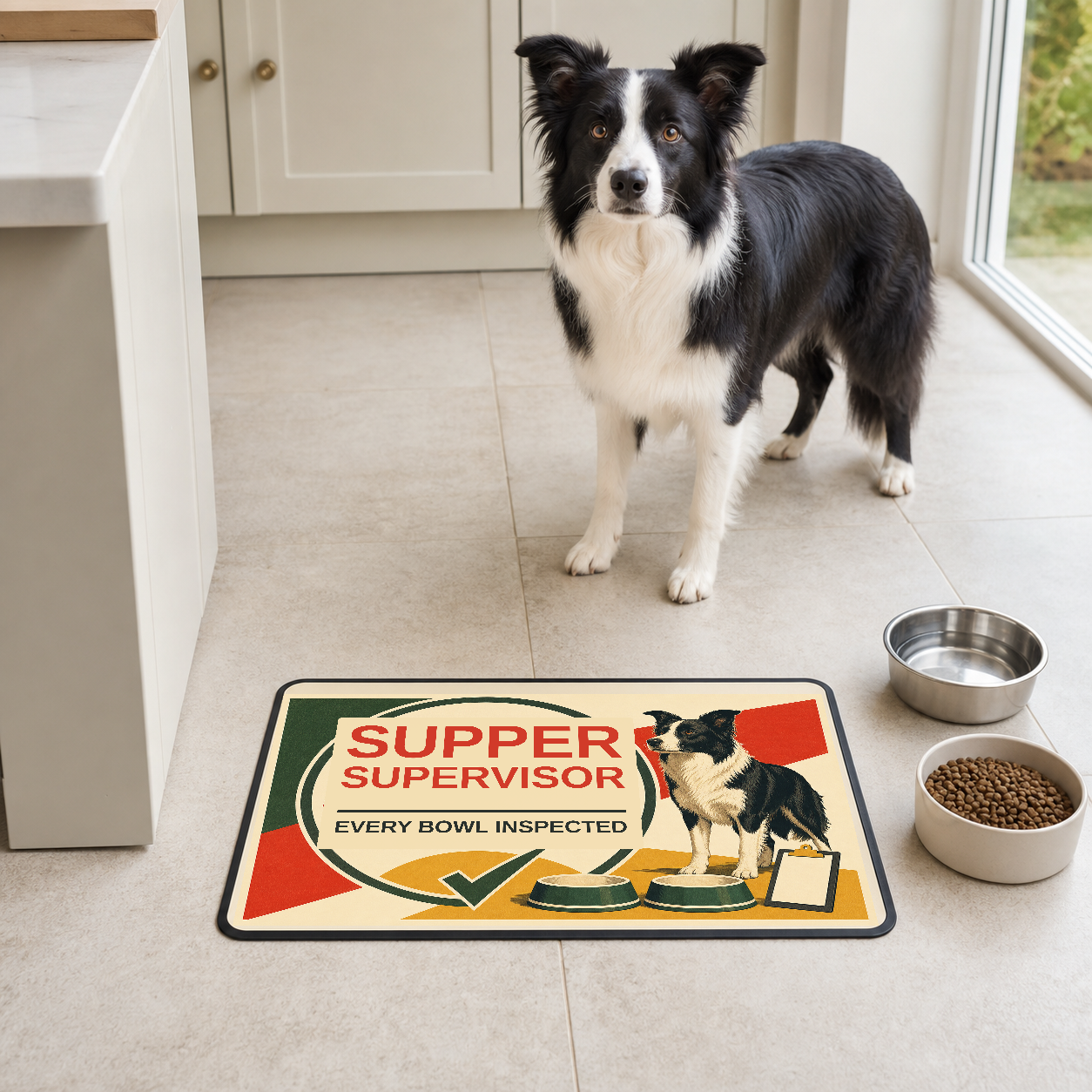 Supper Supervisor 60 x 40 cm dog food mat with two bowls and a Border Collie