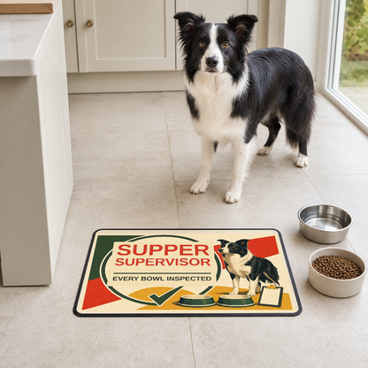 Supper Supervisor 60 x 40 cm dog food mat with two bowls and a Border Collie